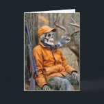 Birthday Halloween Hunter Skeleton With a Buck Card<br><div class="desc">A deer hunter's skeleton rests against a tree,  while a curious buck watches from nearby.
The inside text can be changed.</div>