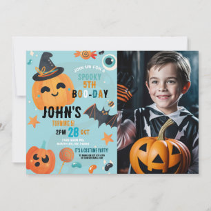Birthday Halloween Pumpkin Blue Party Photo Invitation