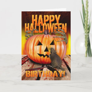 Birthday Halloween Pumpkin Rat, Skeleton Hands Card