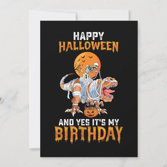 Birthday Halloween Skeleton Riding Mummy Dinosaur Invitation (Front)
