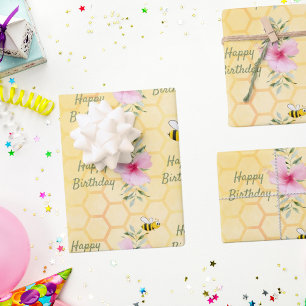 Birthday happy bumble bees honeycomb florals wrapping paper sheet