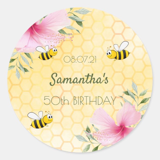 Birthday happy bumble bees honeycomb name classic round sticker (Front)