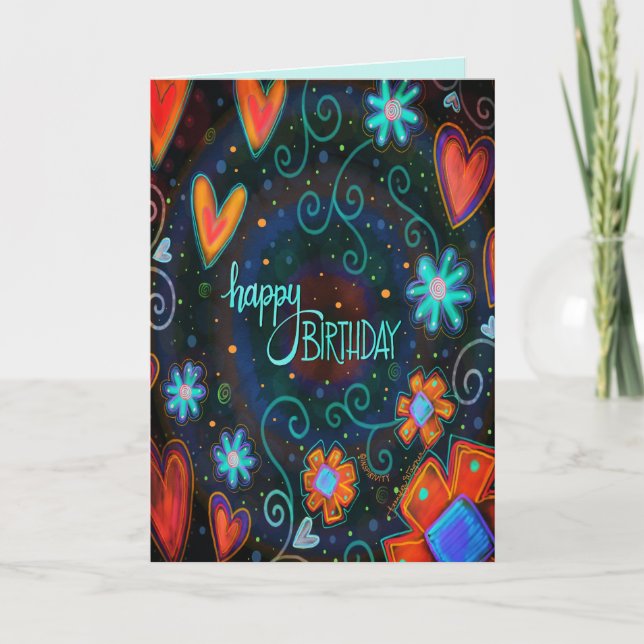 Birthday Happy Red Heats Modern Abstract Card (Front)