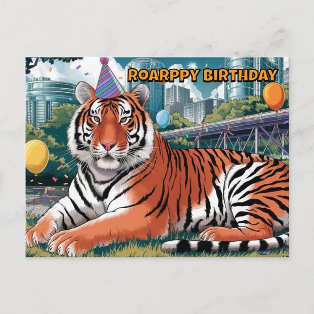 birthday hat wearing bengal tiger laying down postcard (Front)