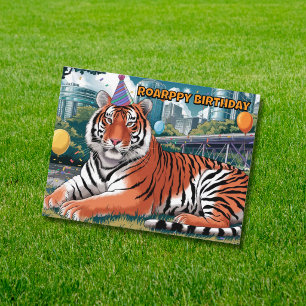 birthday hat wearing bengal tiger laying down postcard