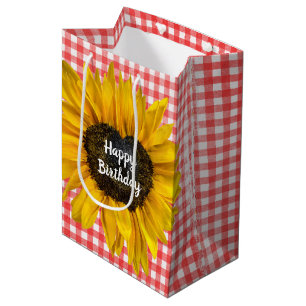 Birthday Heart Sunflower On Gingham Medium Gift Bag