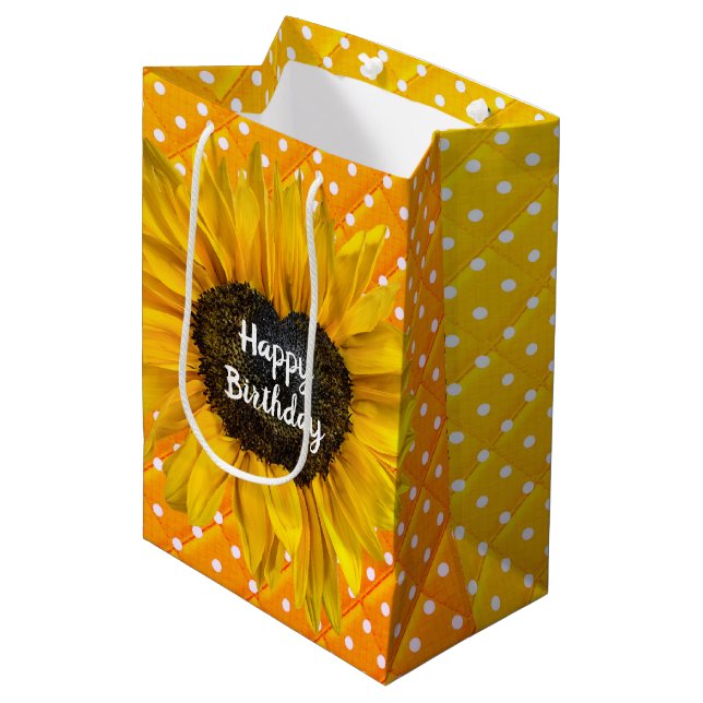 Birthday Heart Sunflower On Polka Dots  Medium Gift Bag (Front Angled)