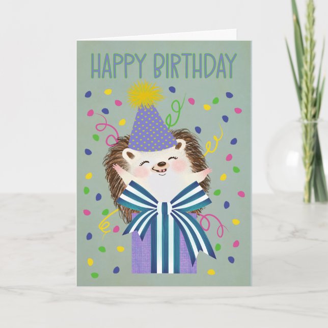 Birthday Hedgehog Cheer with Present Card (Front)