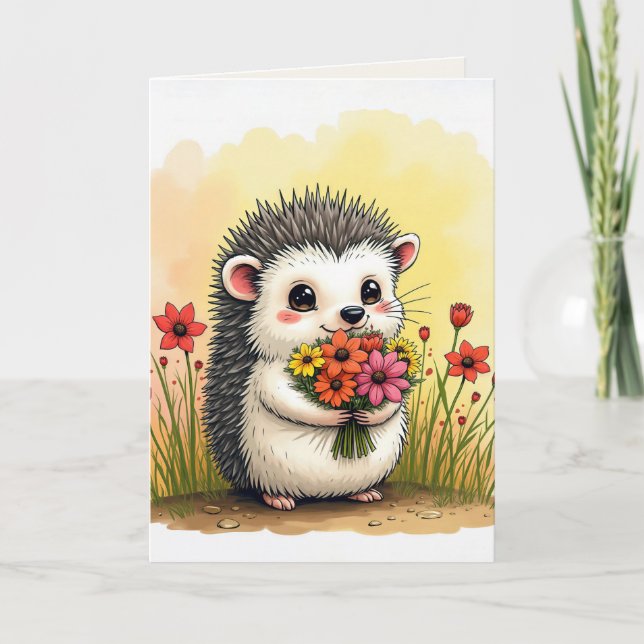 Birthday Hedgehog With Flower Bouquet Card (Front)
