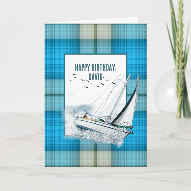 Birthday Heeling Sailboat On Plaid Card (Front)
