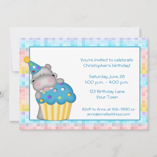 Birthday Hippo and Cupcake Invitation (Front)