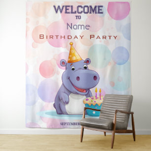 Birthday Hippo Party Backdrop Tapestry