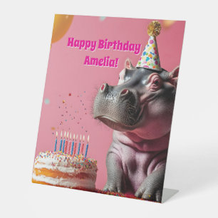 Birthday Hippo with Cake and Balloons Pedestal Sign