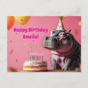 Birthday Hippo with Cake and Balloons Postcard