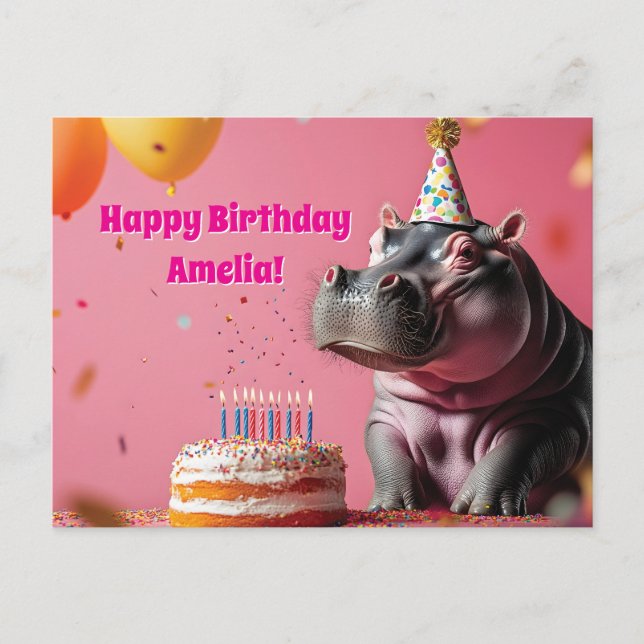 Birthday Hippo with Cake and Balloons Postcard (Front)