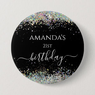 Birthday holographic glitter custom name black 7.5 cm round badge
