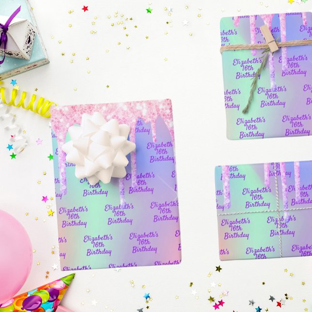 Birthday holographic pink glitter drips name wrapping paper sheet (Creator Uploaded)