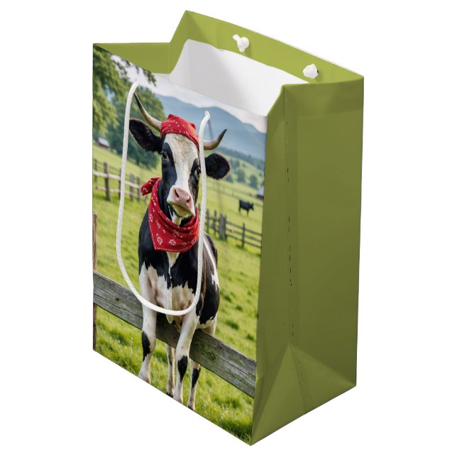 Birthday Holstein On a Farm Fence Medium Gift Bag (Front Angled)