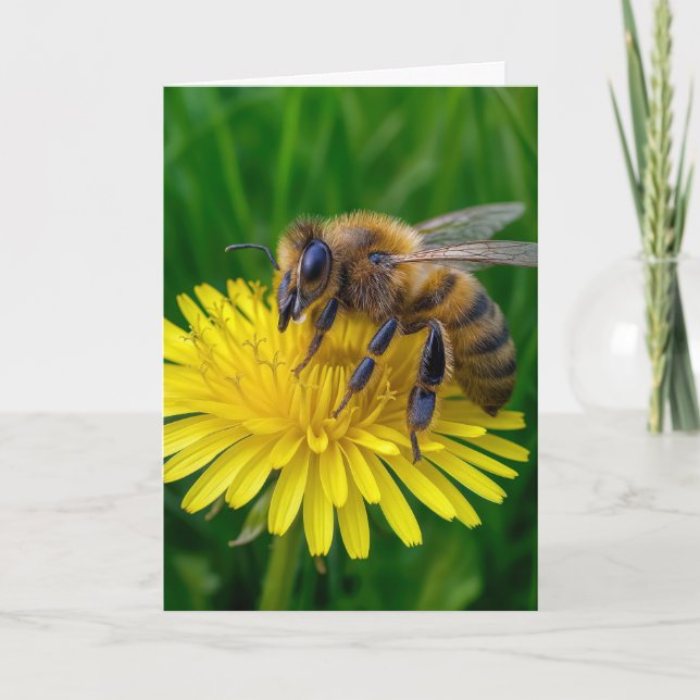 Birthday Honey Bee On a Yellow Dandelion Card (Front)