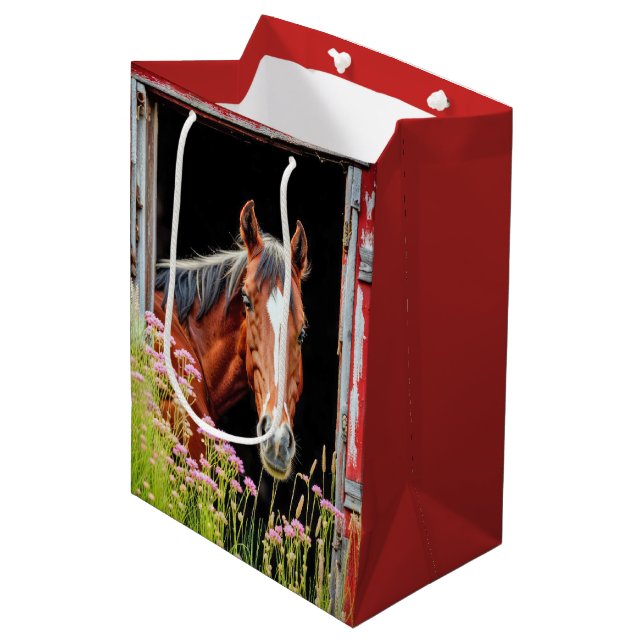 Birthday Horse In Barn Door With Wildflowers Medium Gift Bag (Front Angled)