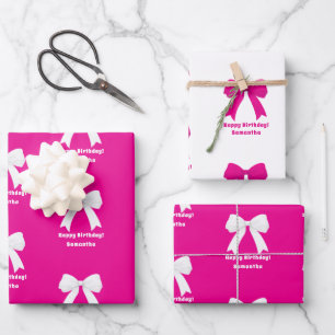 Birthday hot pink bow white girl wrapping paper sheet