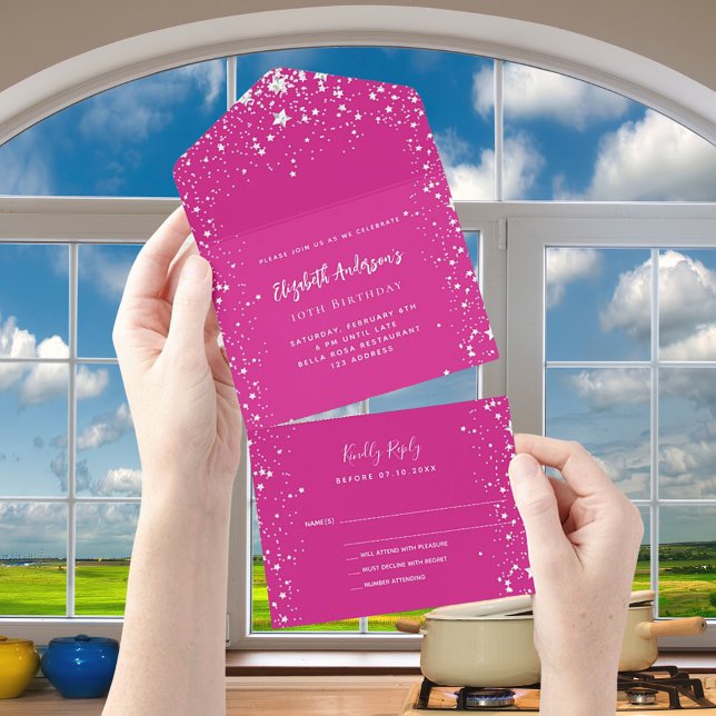 Birthday hot pink white stars RSVP All In One Invitation (Creator Uploaded)