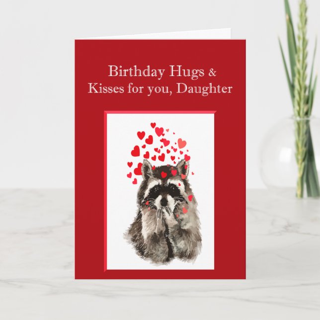 Birthday Hugs & Kisses Daughter Cute Racoon Anima Card (Front)