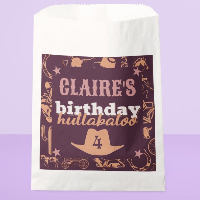 "Birthday Hullabaloo" Western Cowgirl Party Favour Bags (cowgirl birthday hullabaloo cowboy theme western Wild West theme custom name and age purple and pink)