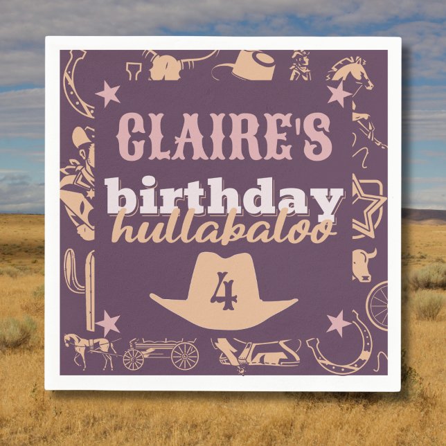 "Birthday Hullabaloo" Western Cowgirl Party Napkin (western cowgirl birthday hullabaloo birthday napkins purple pink orange custom name and age)