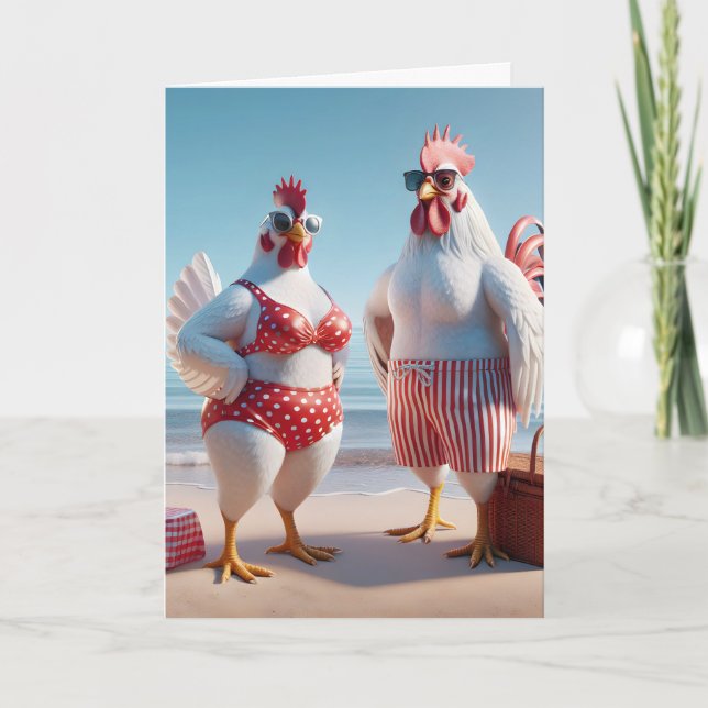 Birthday Humour Chickens On The Beach Card (Front)