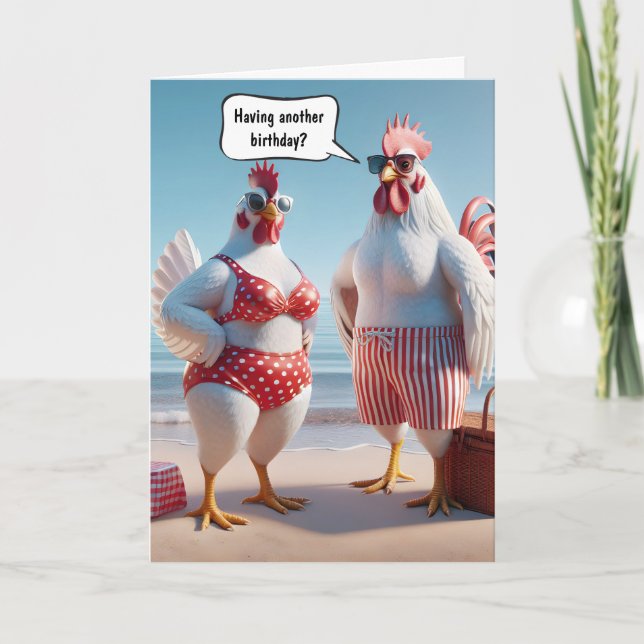 Birthday Humour Chickens On The Beach Card (Front)