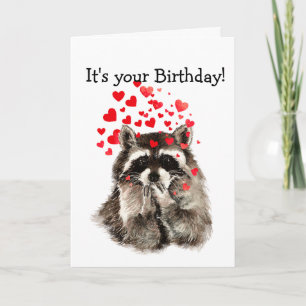 Birthday Humour Cute Racoon Love Hearts Card