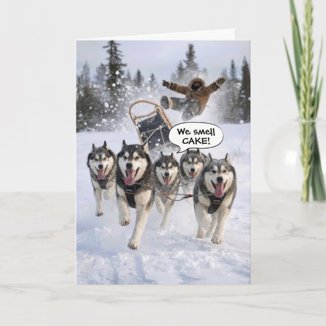 Birthday Humour Huskies Pulling a Sled Card (Front)