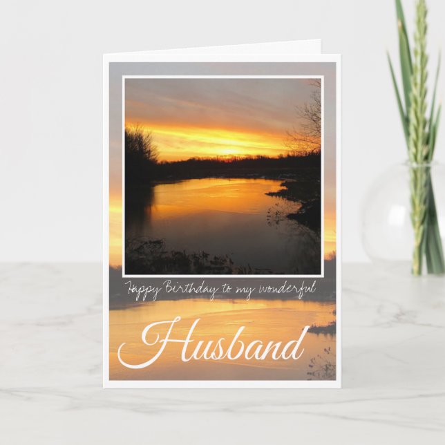 Birthday Husband, Dark Orange Sunrise Reflection. Card (Front)
