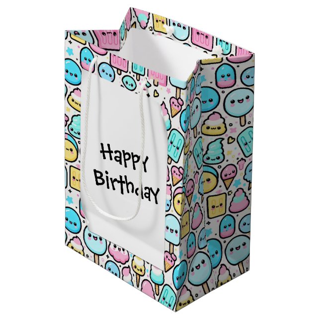 Birthday Ice Cream Cone and Popsicle Doodles Medium Gift Bag (Front Angled)