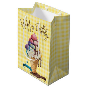 Birthday Ice Cream Cone On Gingham Medium Gift Bag