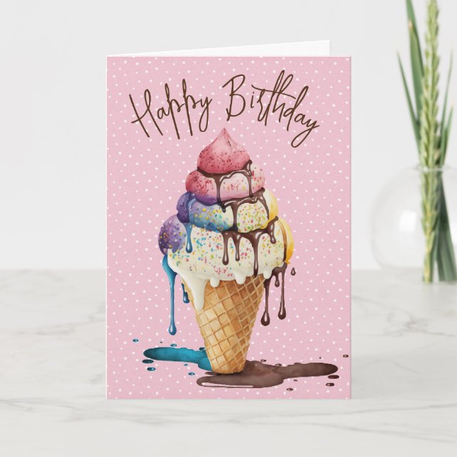 Birthday Ice Cream Cone On Polka Dots Card (Front)