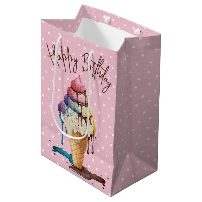 Birthday Ice Cream Cone On Polka Dots Medium Gift Bag (Front Angled)