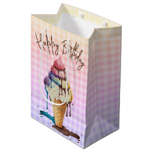 Birthday Ice Cream Cone Rainbow Gingham Medium Gift Bag