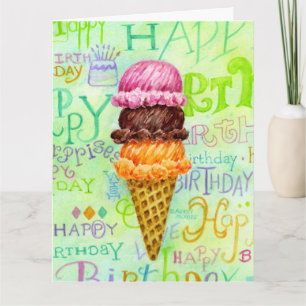 Birthday Ice Cream Cone Three Flavour Greeting Car Thank You Card