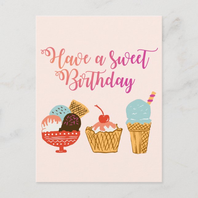 Birthday Ice Cream & Sundae Girly Illustration Postcard (Front)