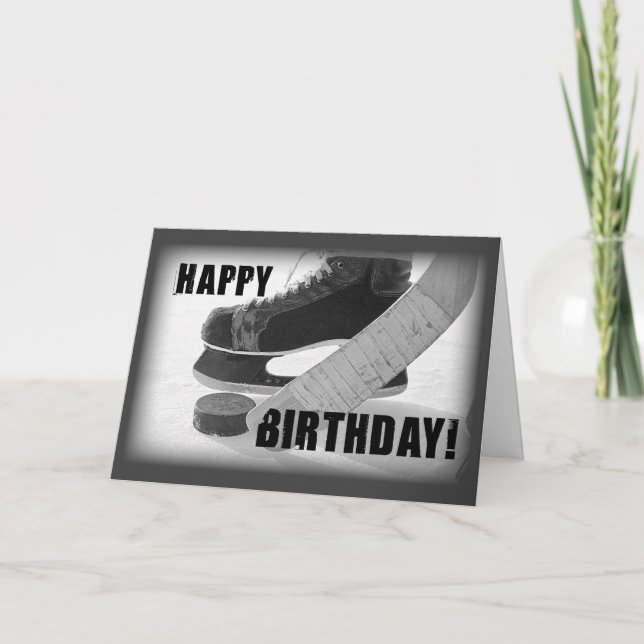 Birthday Ice Hockey, Stick and Puck Card (Front)