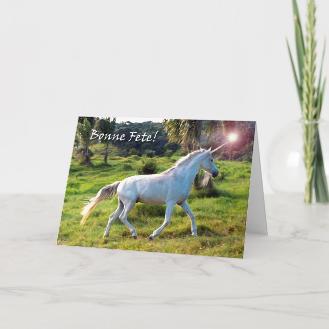 Birthday in French (Canadian), Magical Unicorn Card (Front)