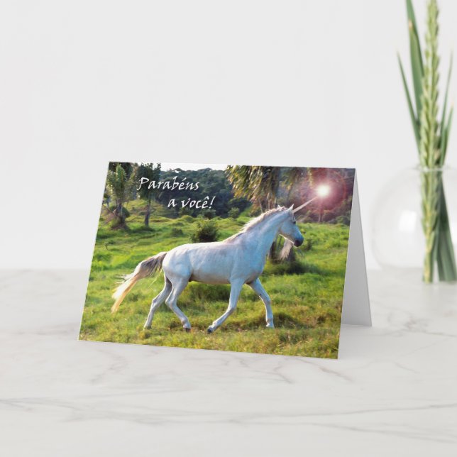 Birthday in Portuguese, Magical Unicorn Running Card (Front)