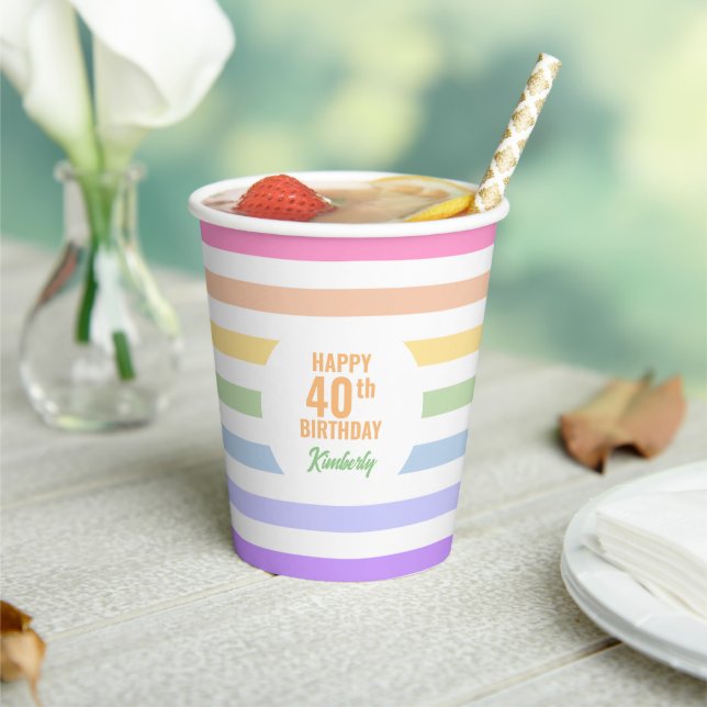 Birthday in White Circle Pastel Rainbow Stripes Paper Cups (Insitu)