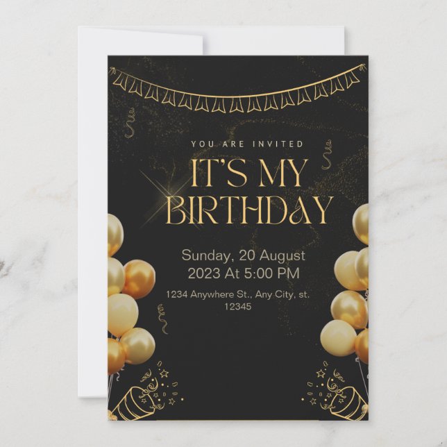  Birthday Invitation Black and Gold (Front)