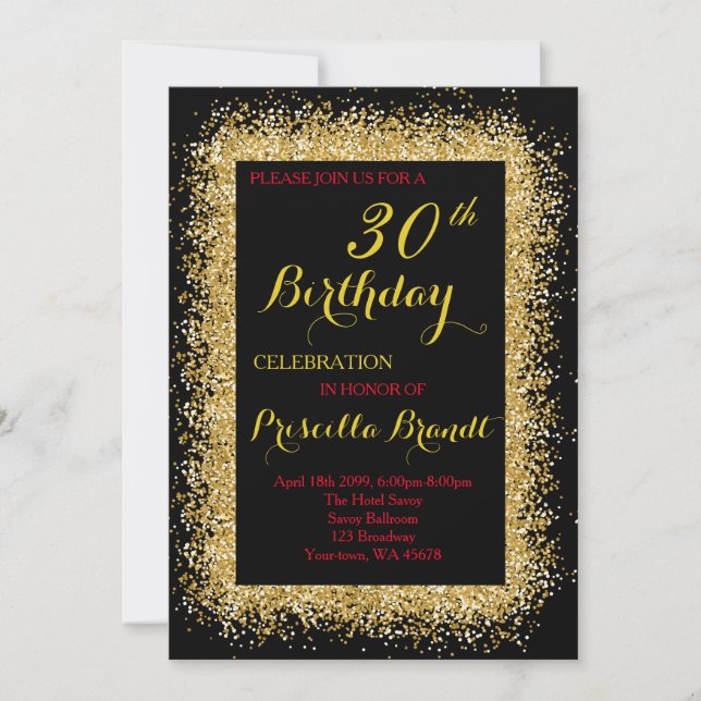 Birthday invitation, black, confetti,glitter, gold invitation (Front)