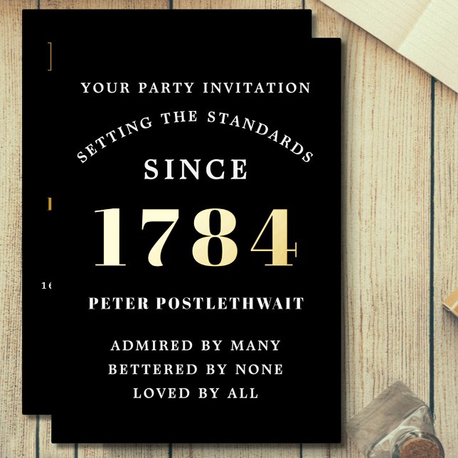 Birthday Invitation Black Gold Any Year For Him (Gold foil birthday party invitations for men on black background. Any year with easily edited text.)