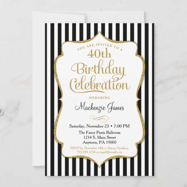 Birthday Invitation Black Gold Elegant Stripe (Front)