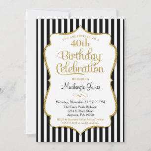Birthday Invitation Black Gold Elegant Stripe